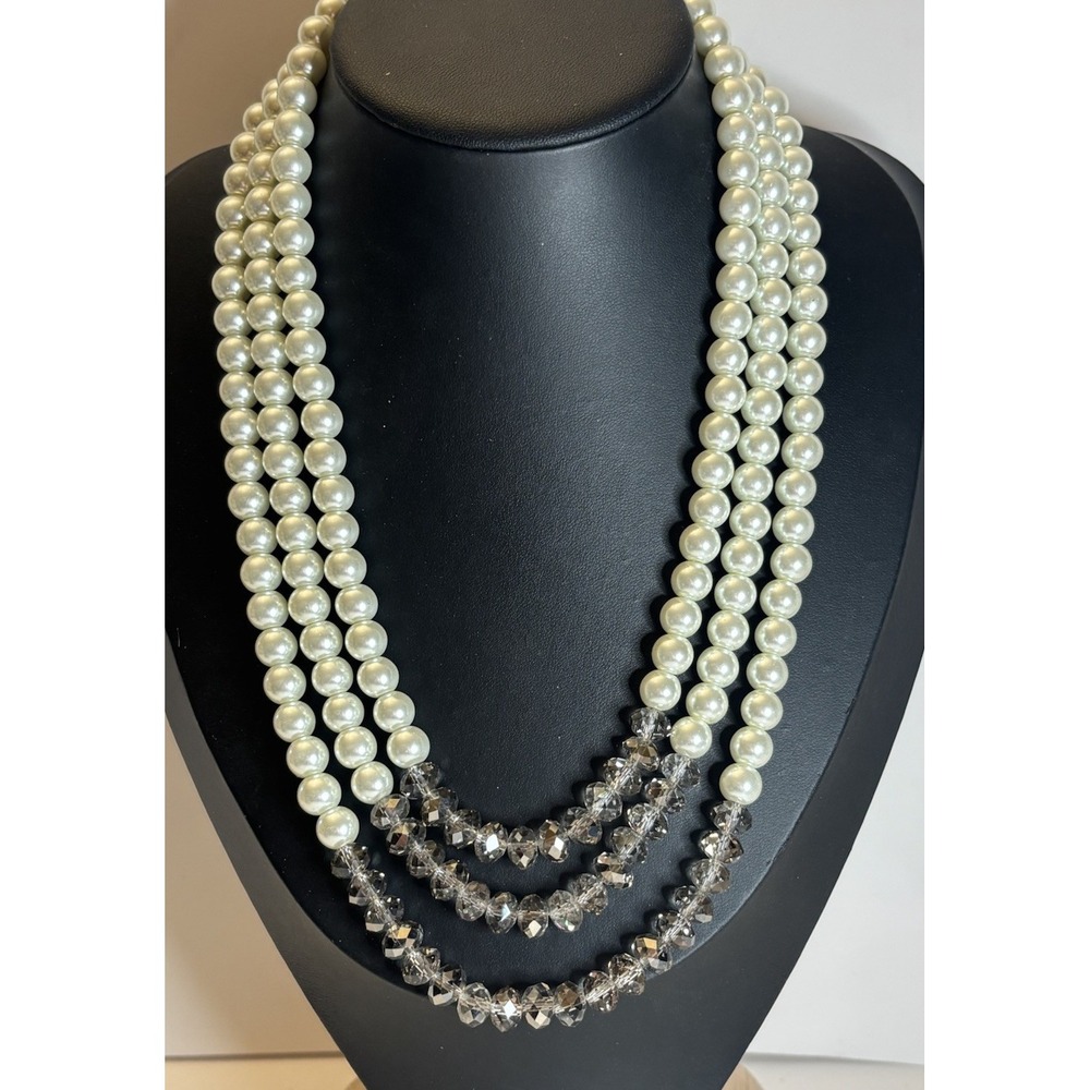 Vintage 21" Multi Strand Faux Pearl Faceted Glass Bead Statement Necklace